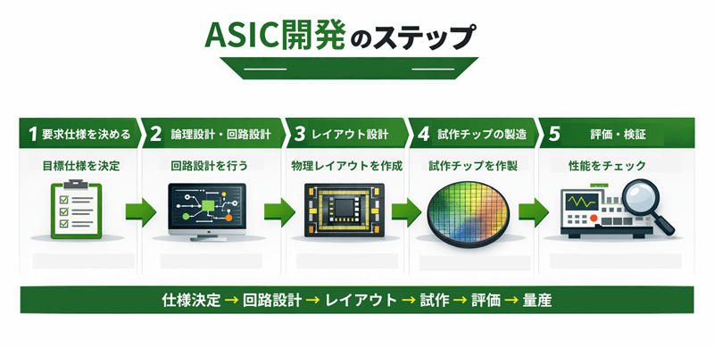 ASIC開発の流れについて解説をした画像
